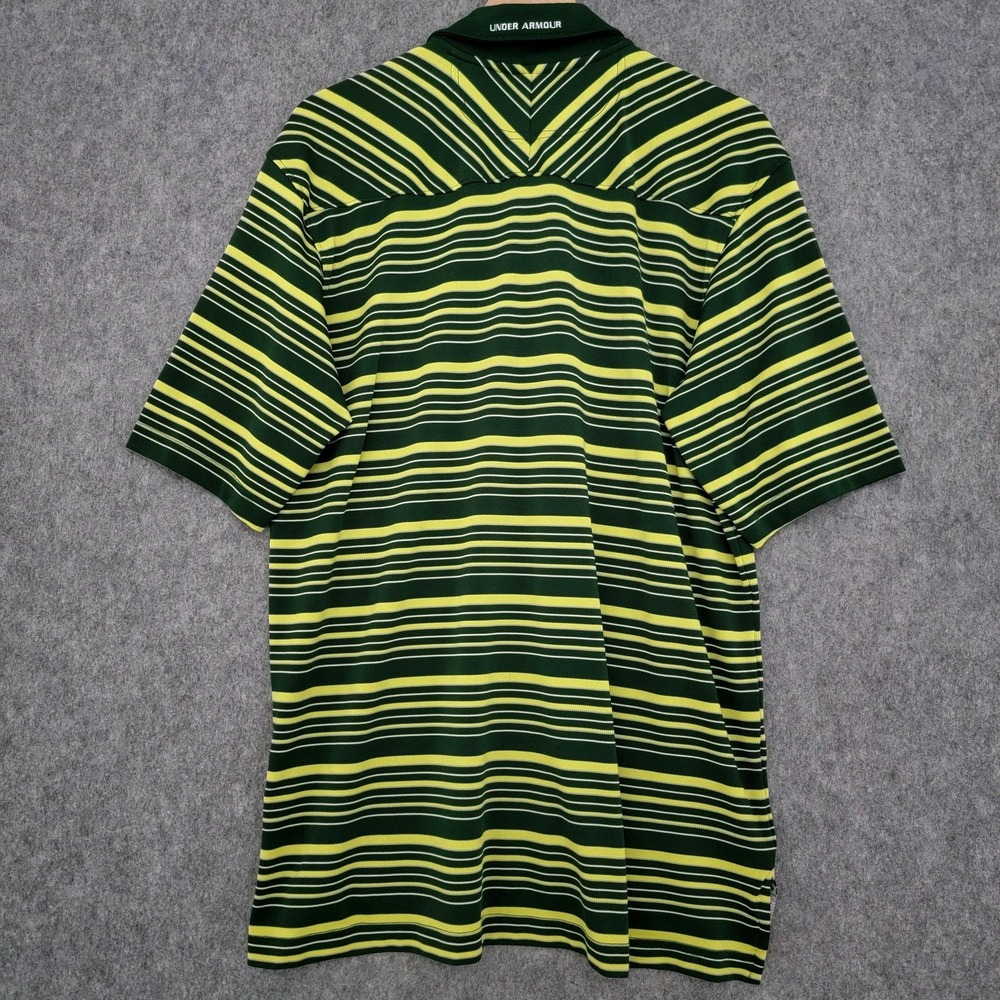 Under Armour Polo Shirt Mens Large Green Yellow Striped Performance Golf Logo - Picture 2 of 11
